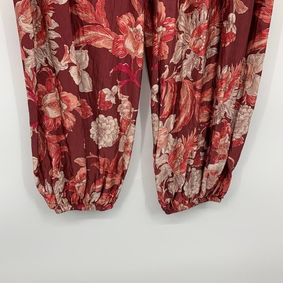 Zara Jogger Pants Floral Print Red Pull On High Rise - Picture 6 of 13